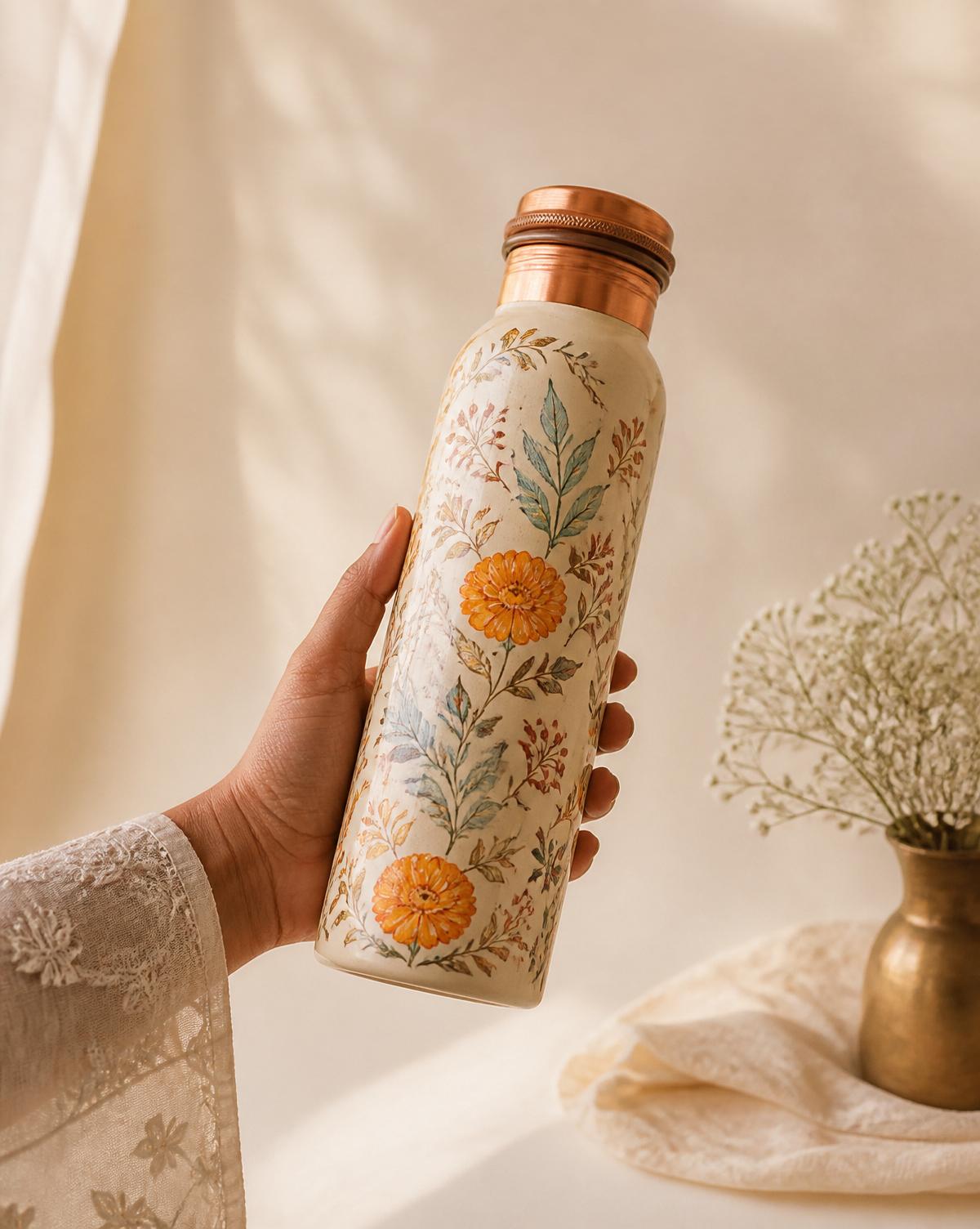 Floral copper bottle held in hand